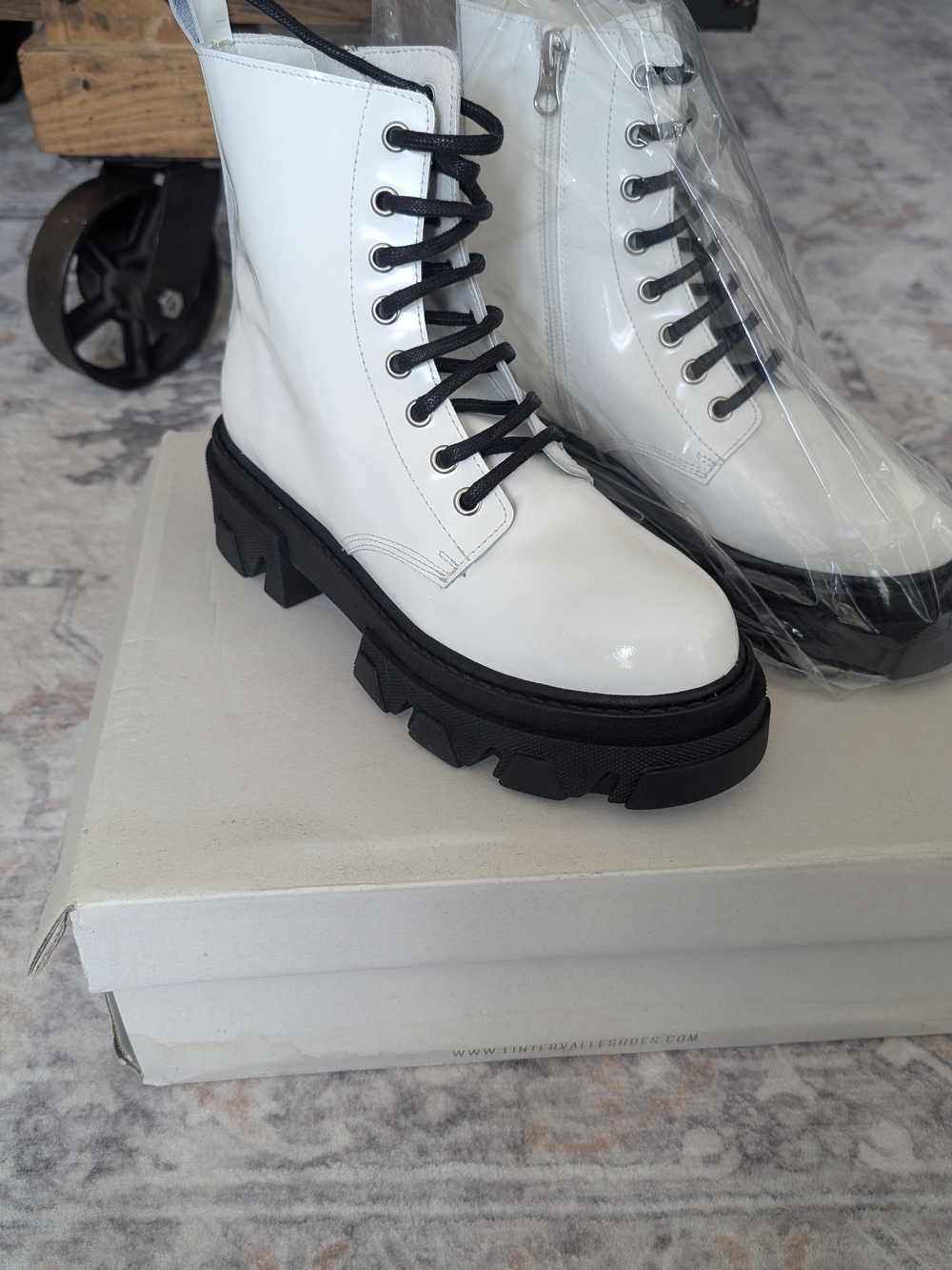Women's White Combat Boots with Black Lug Sole